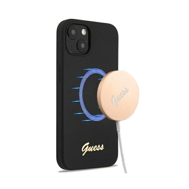 Guess GUHMP13MLSLMGBK iPhone 13 / 14 /6.1" black/czarny hardcase Silicone Script Gold Logo Magsafe na NearMe.pl