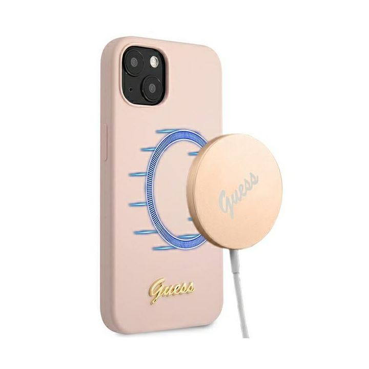 Guess GUHMP13MLSLMGLP iPhone 13 / 14 /15 6.1" jasnoróżowy/light pink hardcase Silicone Script Gold Logo Magsafe na NearMe.pl