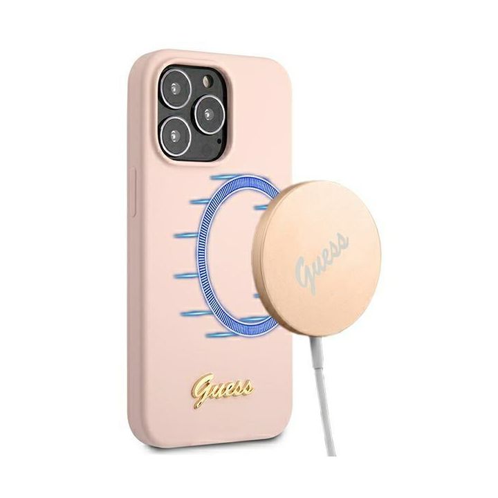 Guess GUHMP13XLSLMGLP iPhone 13 Pro Max6,7" jasnoróżowy/light pink hardcase Silicone Script Gold Logo Magsafe na NearMe.pl