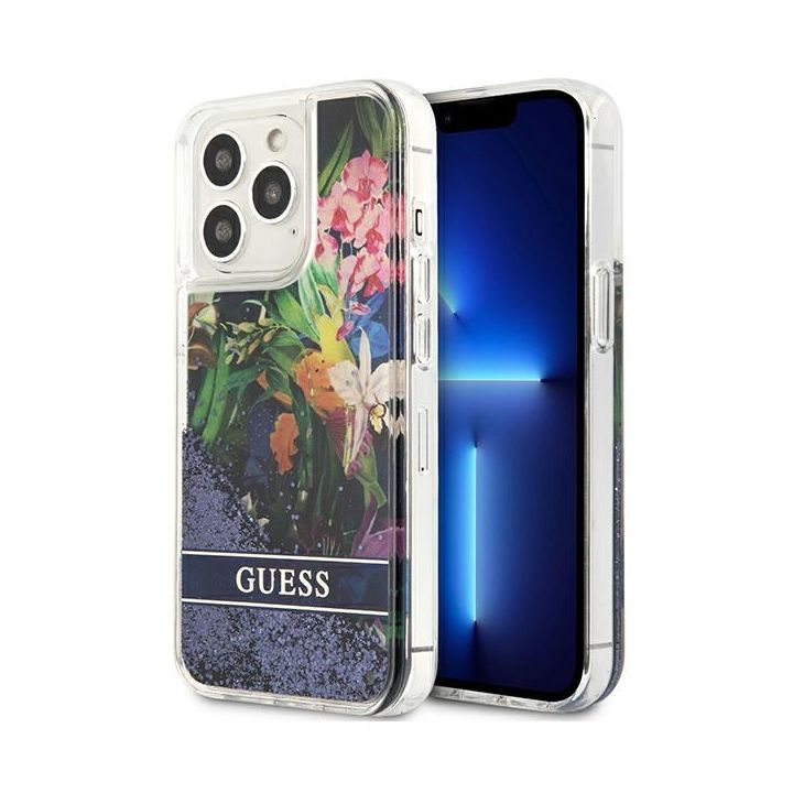 Guess GUHCP13LLFLSB iPhone 13 Pro / 136,1" niebieski/blue hardcase Flower Liquid Glitter na NearMe.pl