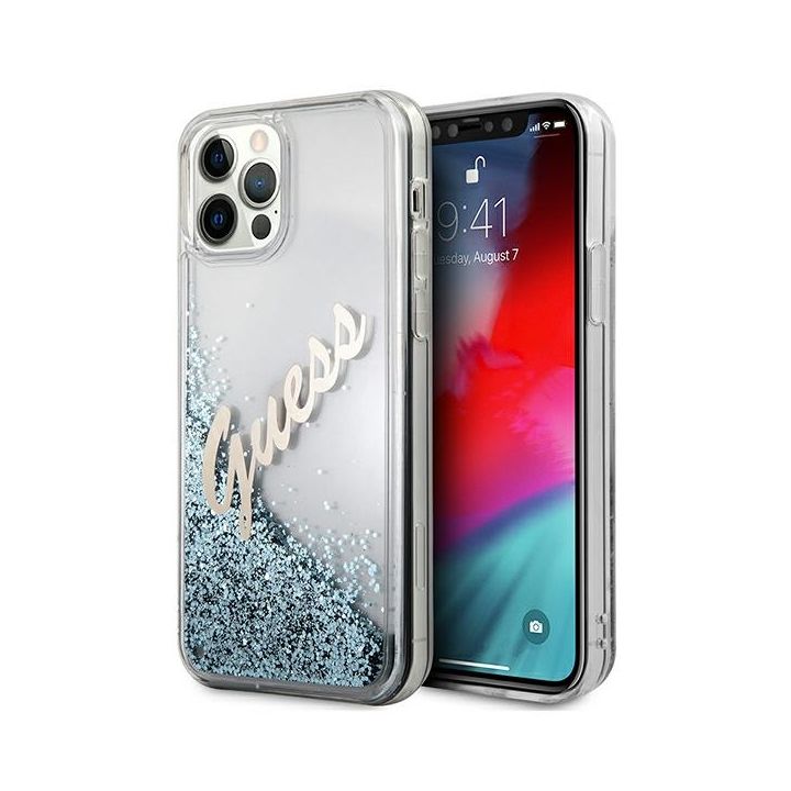 Guess GUHCP12LGLVSBL iPhone 12 Pro Max6,7" niebieski/blue hardcase Glitter Vintage Script na NearMe.pl