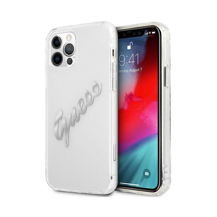 Guess GUHCP12MKTRSVSI iPhone 12/12 Pro 6,1" Transparent hardcase Vintage Script Silver na NearMe.pl