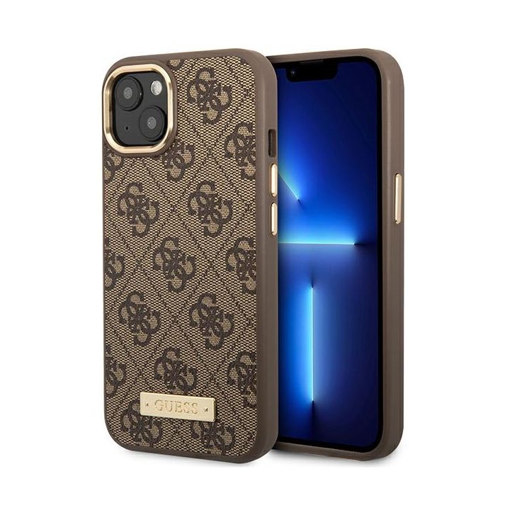 Guess GUHMP14SU4GPRW iPhone 14 / 15 / 13 6.1" brązowy/brown hard case 4G Logo Plate MagSafe na NearMe.pl