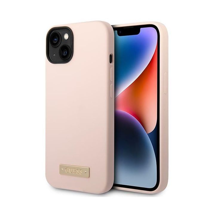 Guess GUHMP14MSBPLP iPhone 14 Plus/ 15 Plus 6.7" różowy/pink hard case Silicone Logo Plate MagSafe na NearMe.pl