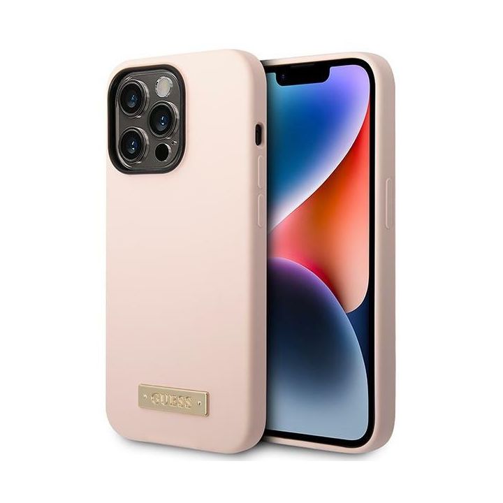 Guess GUHMP14XSBPLP iPhone 14 Pro Max6,7" różowy/pink hard case Silicone Logo Plate MagSafe na NearMe.pl