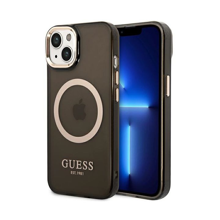 Guess GUHMP14MHTCMK iPhone 14 Plus / 15 Plus 6.7" czarny/black hard case Gold Outline Translucent MagSafe na NearMe.pl