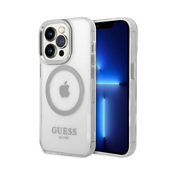 Guess GUHMP14LHTRMS iPhone 14 Pro 6,1" srebrny/silver hard case Metal Outline Magsafe na NearMe.pl