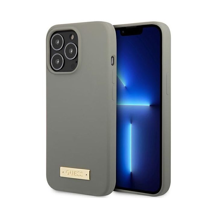 Guess GUHMP13LSPLG iPhone 13 Pro / 13 6,1" szary/grey hard case Silicone Logo Plate MagSafe na NearMe.pl