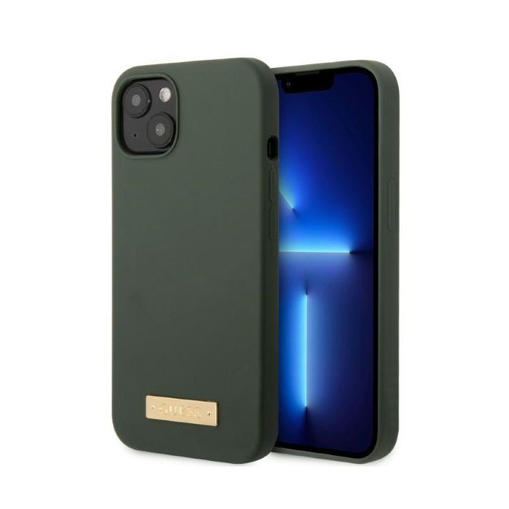 Guess GUHMP13MSBPLA iPhone 13 / 14 / 15 6.1" zielony/khaki hard case Silicone Logo Plate MagSafe na NearMe.pl