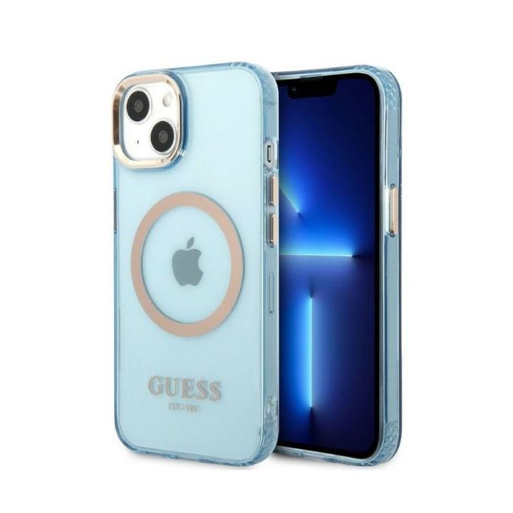 Guess GUHMP13MHTCMB iPhone 13 / 14 / 15 6.1" niebieski/blue hard case Gold Outline Translucent MagSafe na NearMe.pl