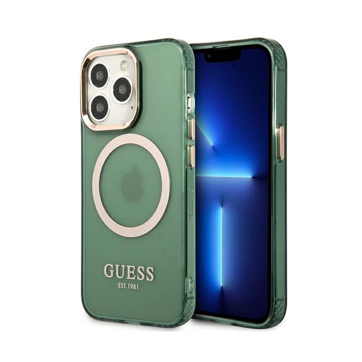 Guess GUHMP13LHTCMA iPhone 13 Pro / 13 6,1" zielony/khaki hard case Gold Outline Translucent MagSafe na NearMe.pl