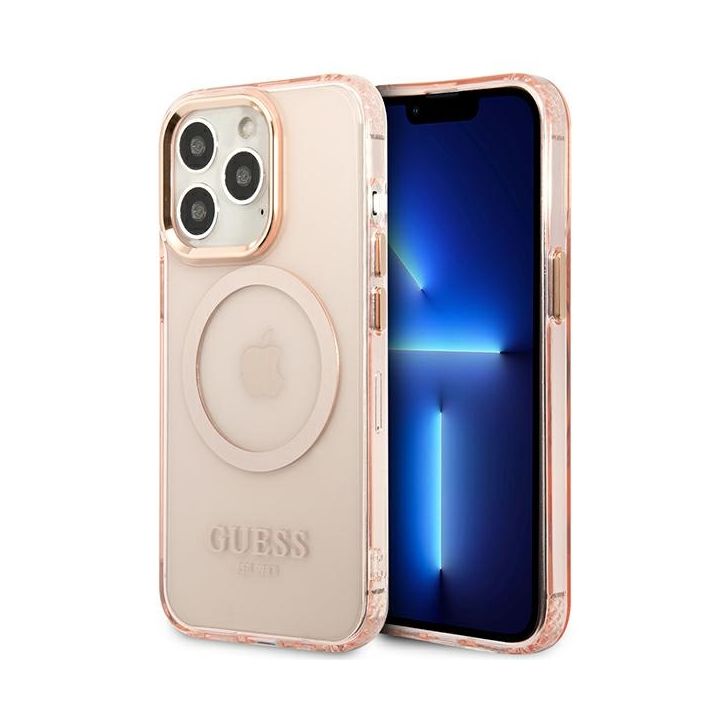Guess GUHMP13XHTCMP iPhone 13 Pro Max 6,7" różowy/pink hard case Gold Outline Translucent MagSafe na NearMe.pl