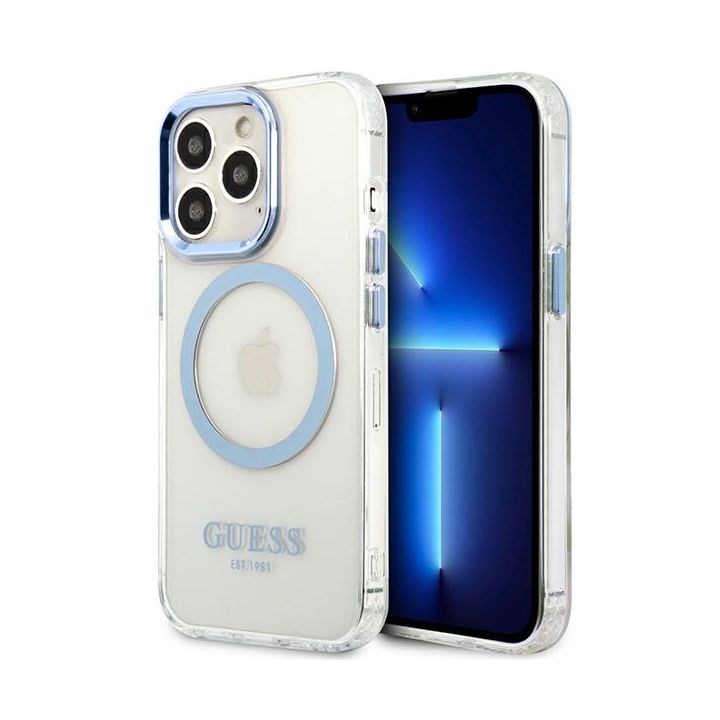Guess GUHMP13LHTRMB iPhone 13 Pro / 13 6,1" niebieski/blue hard case Metal Outline Magsafe na NearMe.pl