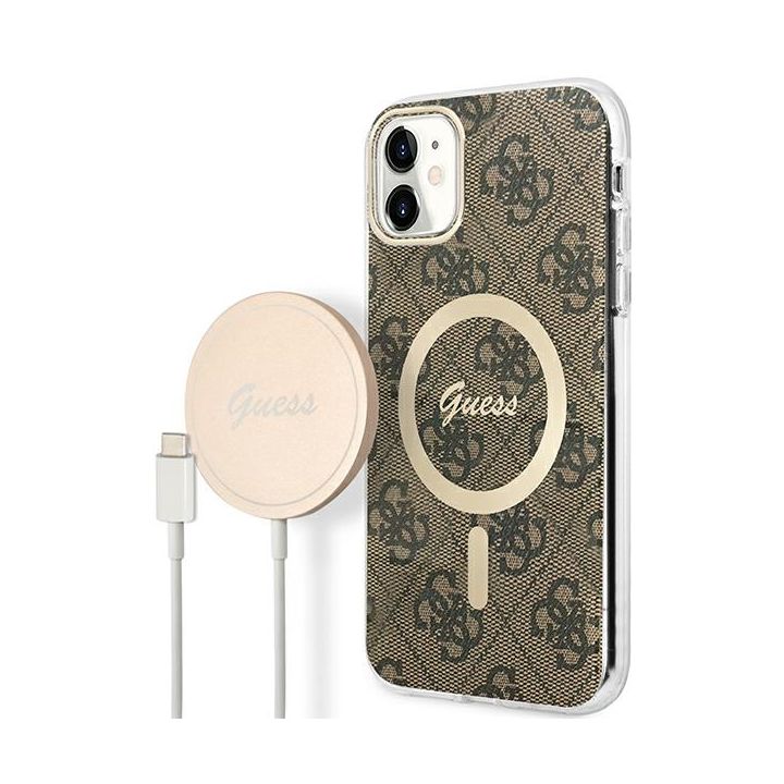 Zestaw Guess GUBPN61H4EACSW Case+Charger iPhone 11 6,1" brązowy/brown hard case 4G Print MagSafe na NearMe.pl