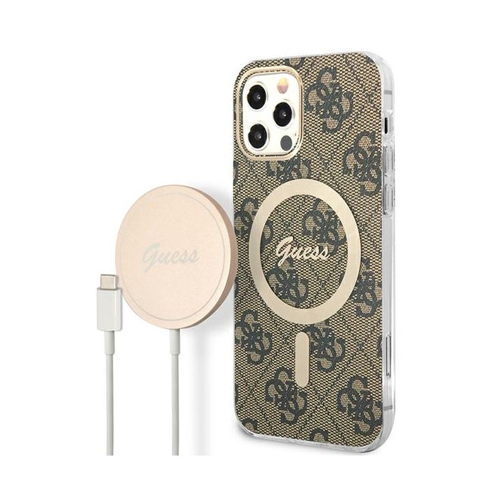 Zestaw Guess GUBPP12MH4EACSW Case+ Charger iPhone 12/12 Pro brązowy/brown hard case 4G Print MagSafe na NearMe.pl