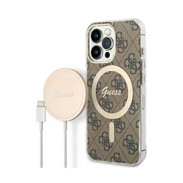 Zestaw Guess GUBPP13LH4EACSW Case+ Charger iPhone 13 Pro brązowy/brown hard case 4G Print MagSafe na NearMe.pl