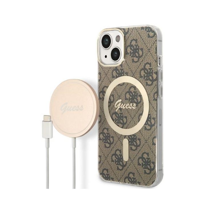 Zestaw Guess GUBPP14SH4EACSW Case+ Charger iPhone 14 / 15 / 13 6,1" brązowy/brown hard case 4G Print MagSafe na NearMe.pl