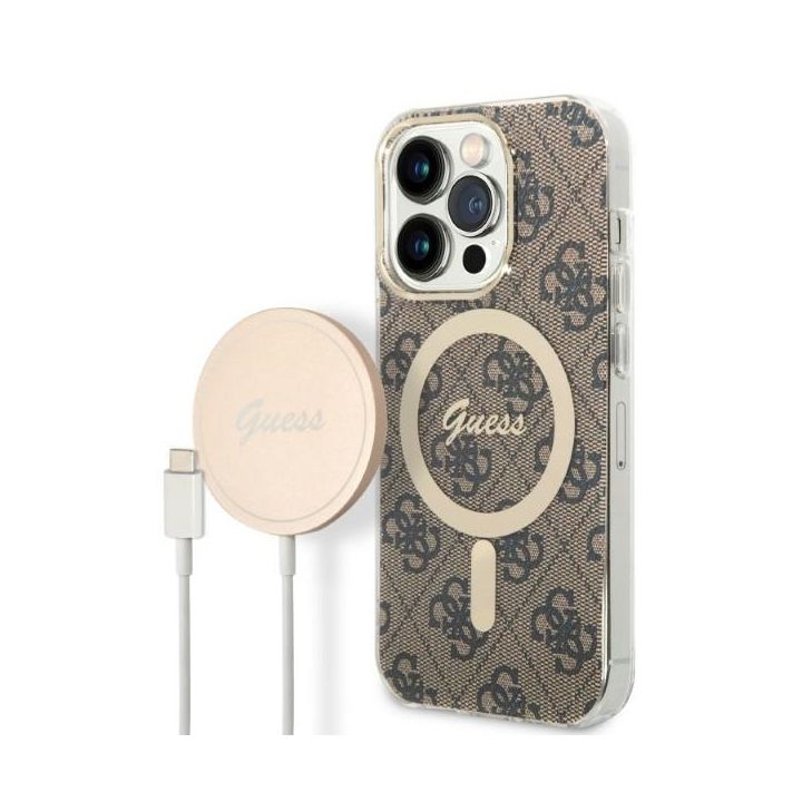 Zestaw Guess GUBPP14LH4EACSW Case+Charger iPhone 14 Pro 6,1" brązowy/brown hard case 4G Print MagSafe na NearMe.pl