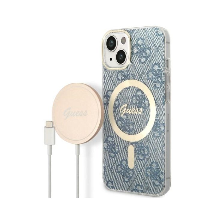 Zestaw Guess GUBPP14MH4EACSB Case+ Charger iPhone 14 Plus / 15 Plus 6.7" niebieski/blue hard case 4G Print MagSafe na NearMe.pl