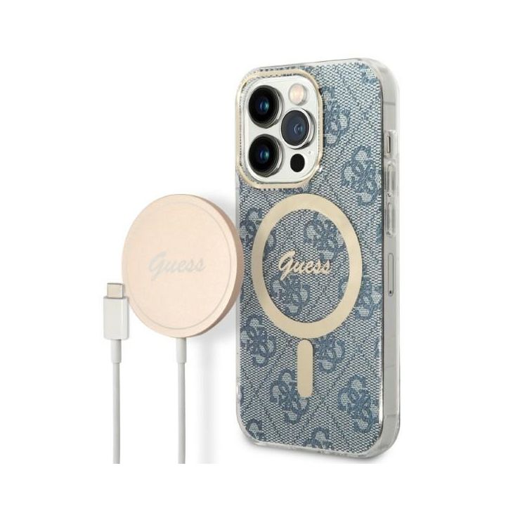 Zestaw Guess GUBPP14LH4EACSB Case+ Charger iPhone 14 Pro 6,1" niebieski/blue hard case 4G Print MagSafe na NearMe.pl