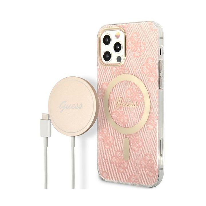 Zestaw Guess GUBPP12MH4EACSP Case+ Charger iPhone 12/12 Pro różowy/pink hard case 4G Print MagSafe na NearMe.pl