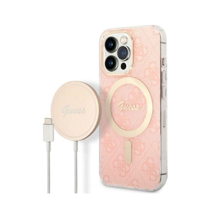 Zestaw Guess GUBPP13XH4EACSP Case+ Charger iPhone 13 Pro Max różowy/pink hard case 4G Print MagSafe na NearMe.pl