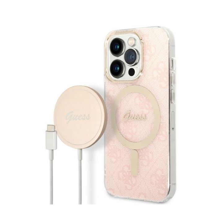 Zestaw Guess GUBPP14XH4EACSP Case+ Charger iPhone 14 Pro Max 6,7" różowy/pink hard case 4G Print MagSafe na NearMe.pl