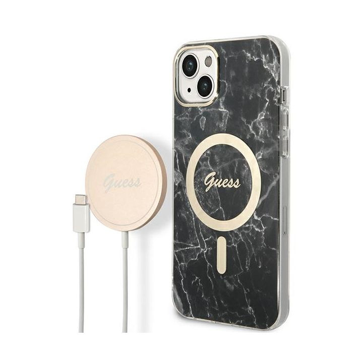 Zestaw Guess GUBPP14SHMEACSK Case+ Charger iPhone 14 / 15 / 13 6,1" czarny/black hard case Marble MagSafe na NearMe.pl