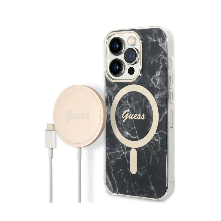 Zestaw Guess GUBPP14LHMEACSK Case+ Charger iPhone 14 Pro 6,1" czarny/black hard case Marble MagSafe na NearMe.pl