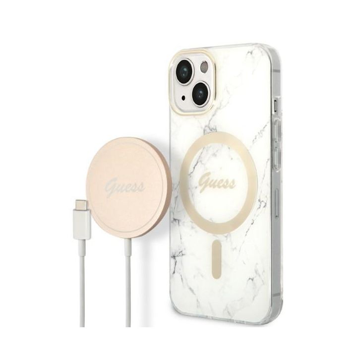 Zestaw Guess GUBPP14SHMEACSH Case+ Charger iPhone 14 / 15 / 13 6,1" biały/white hard case Marble MagSafe na NearMe.pl