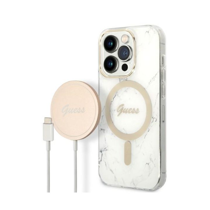 Zestaw Guess GUBPP14LHMEACSH Case+ Charger iPhone 14 Pro 6,1" biały/white hard case Marble MagSafe na NearMe.pl
