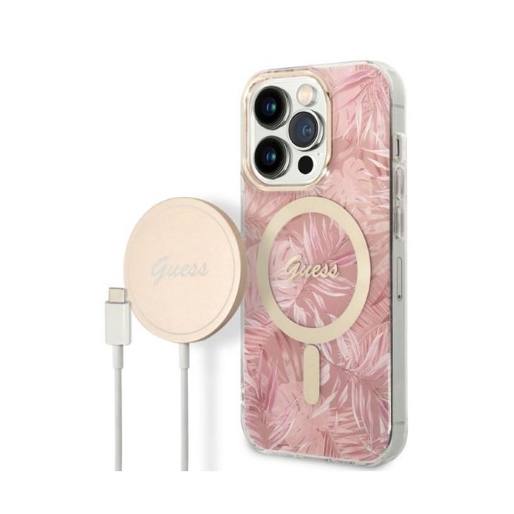 Zestaw Guess GUBPP14LHJEACSP Case+ Charger iPhone 14 Pro 6,1" różowy/pink hard case Jungle MagSafe na NearMe.pl