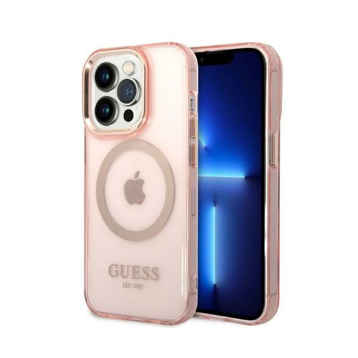 Guess GUHMP14LHTCMP iPhone 14 Pro 6,1" różowy/pink hard case Gold Outline Translucent MagSafe na NearMe.pl