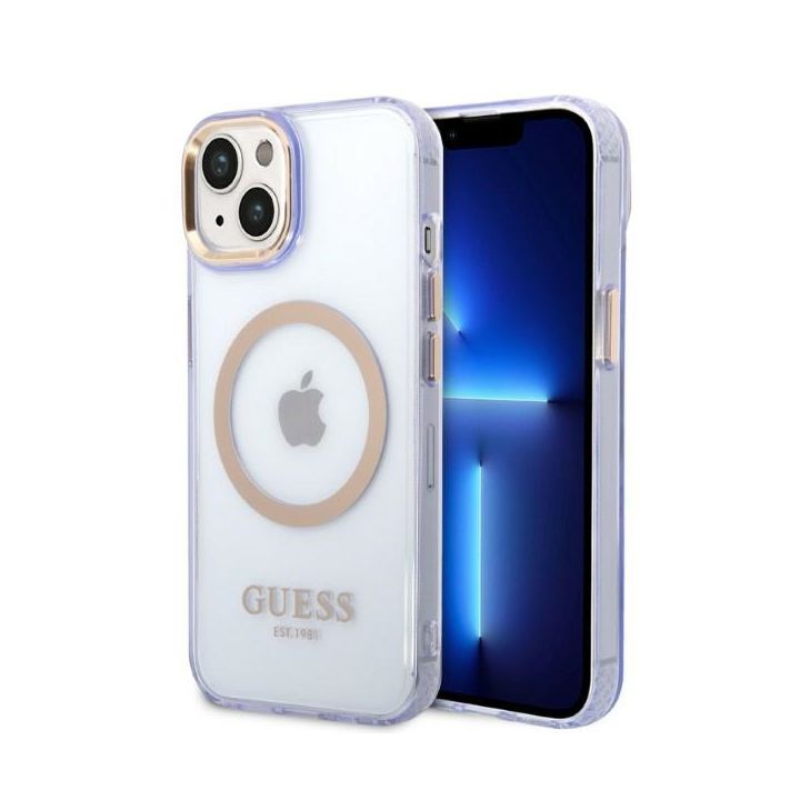 Guess GUHMP14SHTCMU iPhone 14 / 15 / 13 6.1" purpurowy/purple hard case Gold Outline Translucent MagSafe na NearMe.pl
