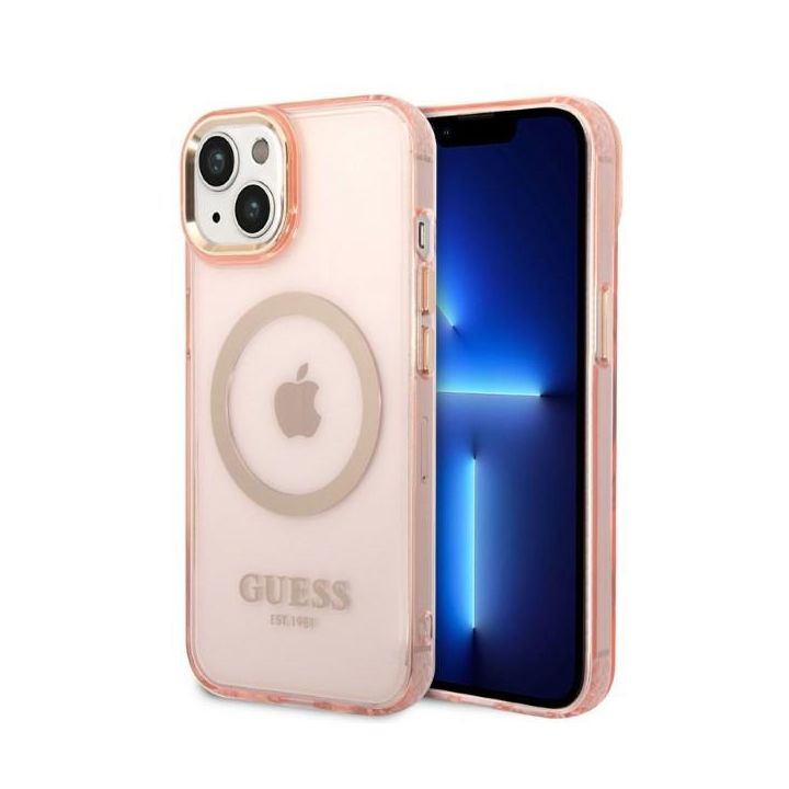 Guess GUHMP14SHTCMP iPhone 14 / 15 / 13 6,1" różowy/pink hard case Gold Outline Translucent MagSafe na NearMe.pl