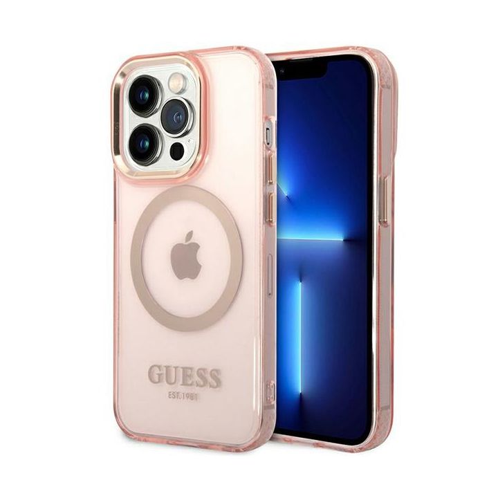 Guess GUHMP14XHTCMP iPhone 14 Pro Max 6,7" różowy/pink hard case Gold Outline Translucent MagSafe na NearMe.pl