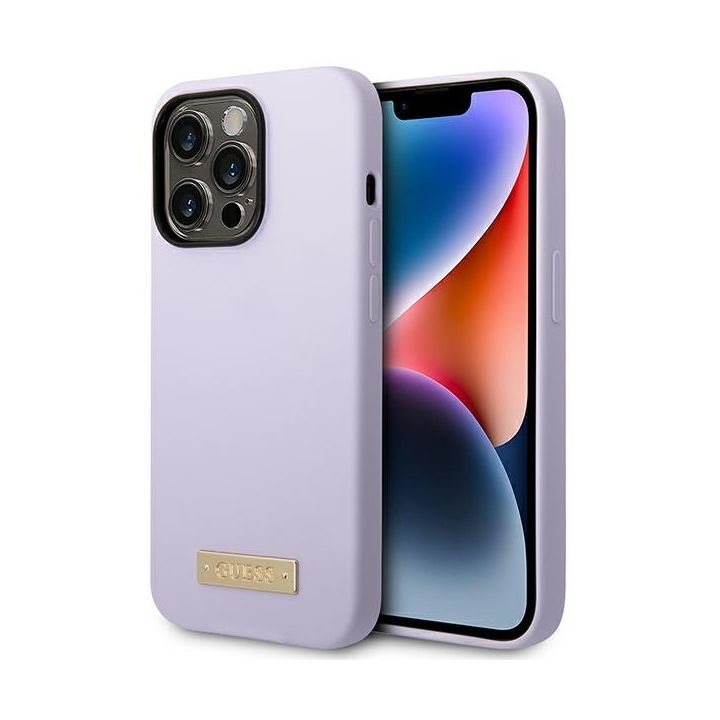 Guess GUHMP14LSBPLU iPhone 14 Pro 6,1" fioletowy/purple hard case Silicone Logo Plate MagSafe na NearMe.pl