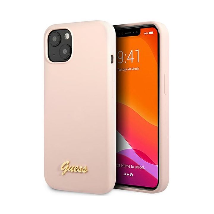 Guess GUHCP13MLSLMGLP iPhone 13 / 14 / 15 6.1" jasnoróżowy/light pink hardcase Silicone Script Gold Logo na NearMe.pl