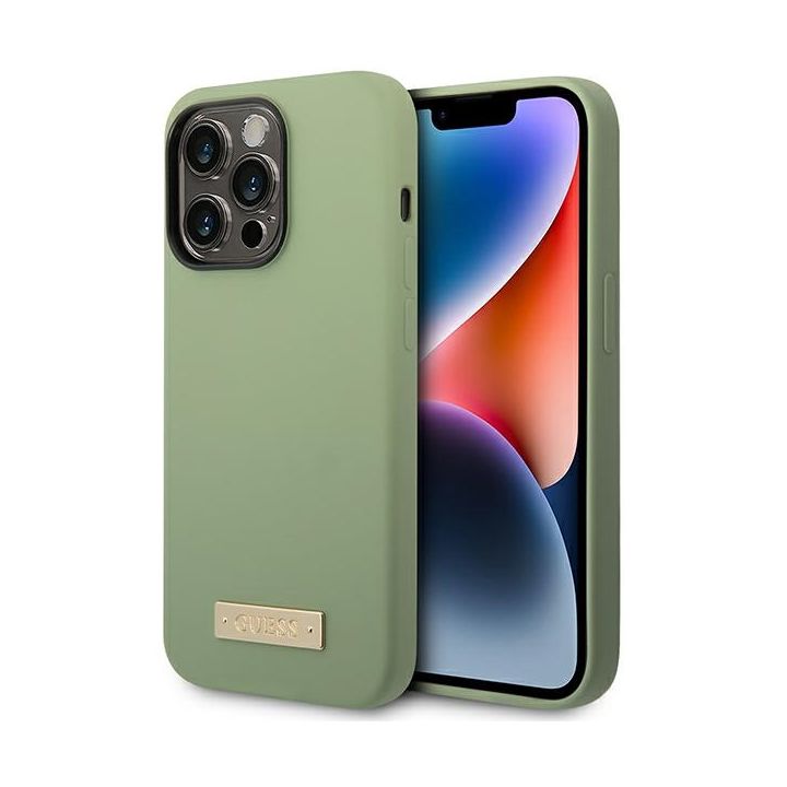 Guess GUHMP14XSBPLA iPhone 14 Pro Max 6.7" zielony/khaki hard case Silicone Logo Plate MagSafe na NearMe.pl