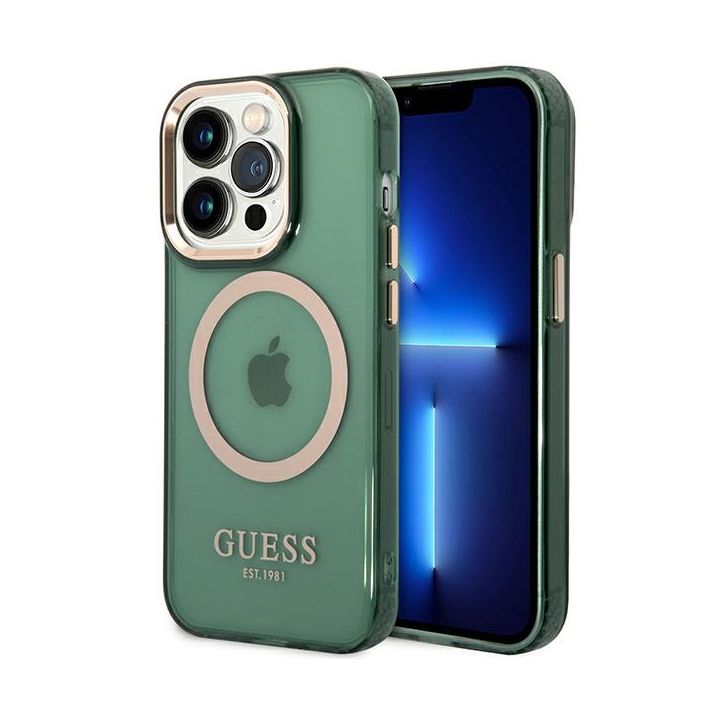 Guess GUHMP14LHTCMA iPhone 14 Pro 6.1" zielony/khaki hard case Gold Outline Translucent MagSafe na NearMe.pl