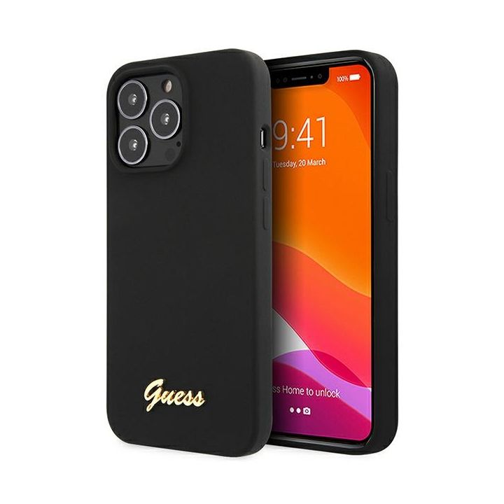 Guess GUHCP13XLSLMGBK iPhone 13 Pro Max 6.7" black/czarny hardcase Silicone Script Gold Logo na NearMe.pl