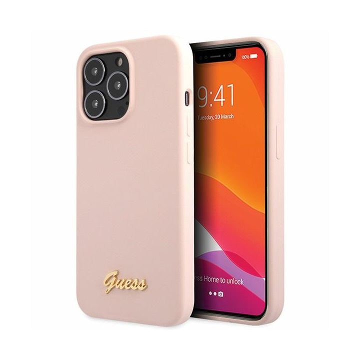 Guess GUHCP13XLSLMGLP iPhone 13 Pro Max 6.7" jasnoróżowy/light pink hardcase Silicone Script Gold Logo na NearMe.pl