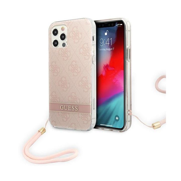 Guess GUOHCP12MH4STP iPhone 12/12 Proróżowy/pink hardcase 4G Print Strap na NearMe.pl