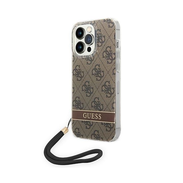 Guess GUOHCP14LH4STW iPhone 14 Pro 6,1" brązowy/brown hardcase 4G Print Strap na NearMe.pl