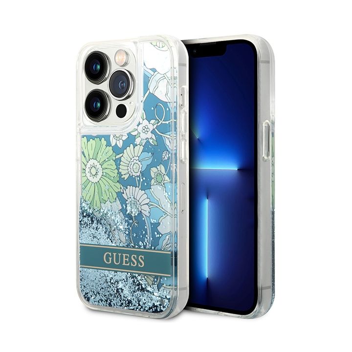 Guess GUHCP14LLFLSN iPhone 14 Pro 6,1" zielony/green hardcase Flower Liquid Glitter na NearMe.pl