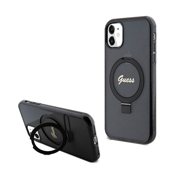 Guess GUHMN61HRSGSK iPhone 11 / Xr 6.1" czarny/black hardcase Ring Stand Script Glitter MagSafe na NearMe.pl