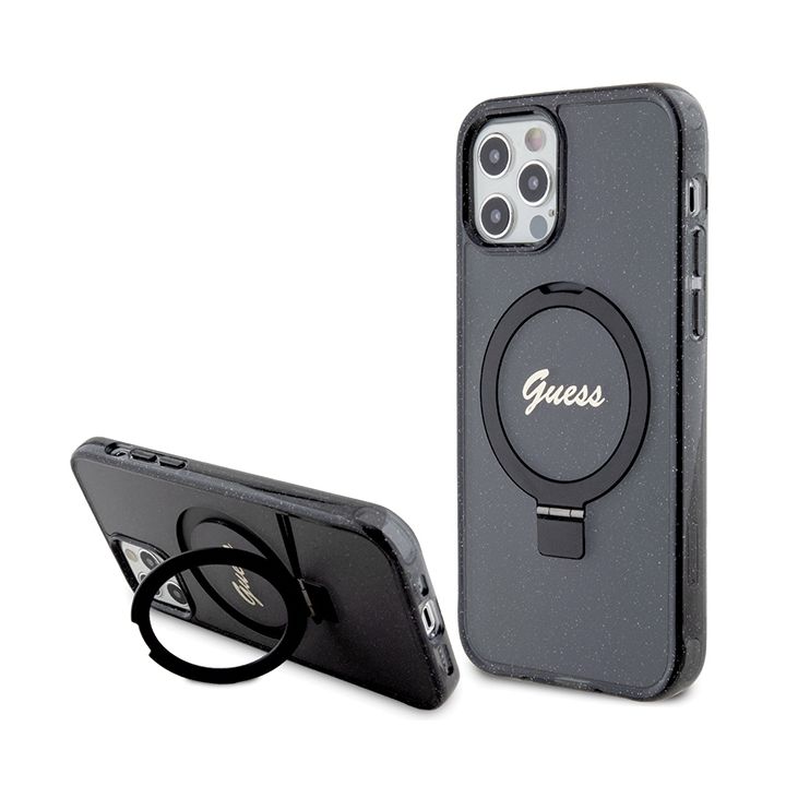 Guess GUHMP12MHRSGSK iPhone 12/12 Pro 6.1" czarny/black hardcase Ring Stand Script Glitter MagSafe na NearMe.pl