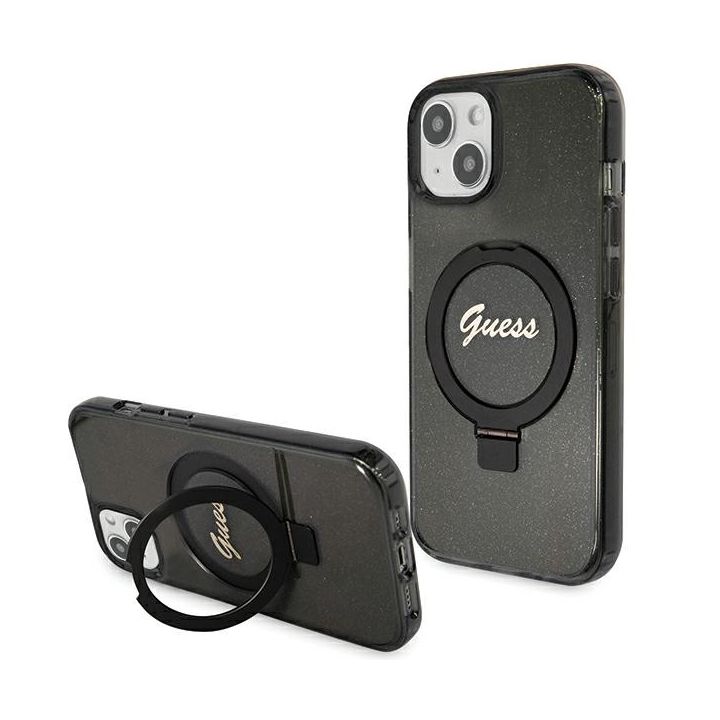 Guess GUHMP13MHRSGSK iPhone 13 / 14 / 15 6.1" czarny/black hardcase Ring Stand Script Glitter MagSafe na NearMe.pl