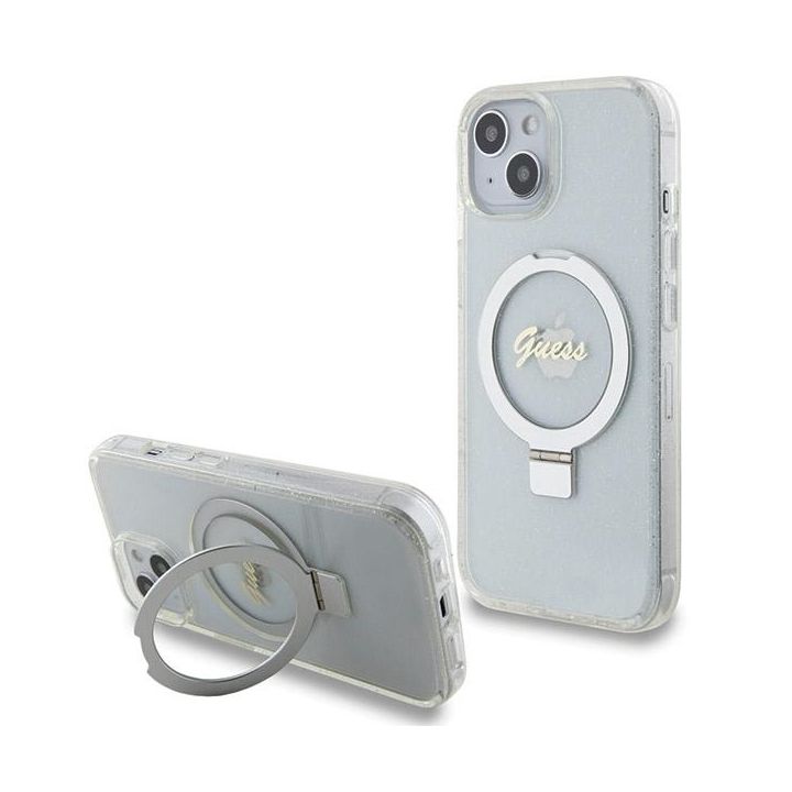Guess GUHMP15SHRSGSD iPhone 15 / 14 / 13 6.1" przezroczysty/transparent hardcase Ring Stand Script Glitter MagSafe na NearMe.pl