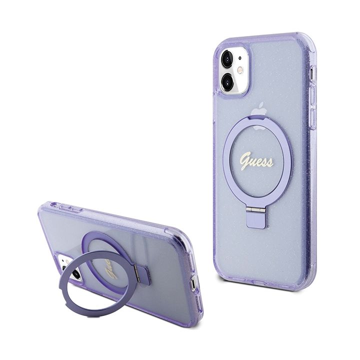 Guess GUHMN61HRSGSU iPhone 11 / Xr 6.1" fioletowy/purple hardcase Ring Stand Script Glitter MagSafe na NearMe.pl
